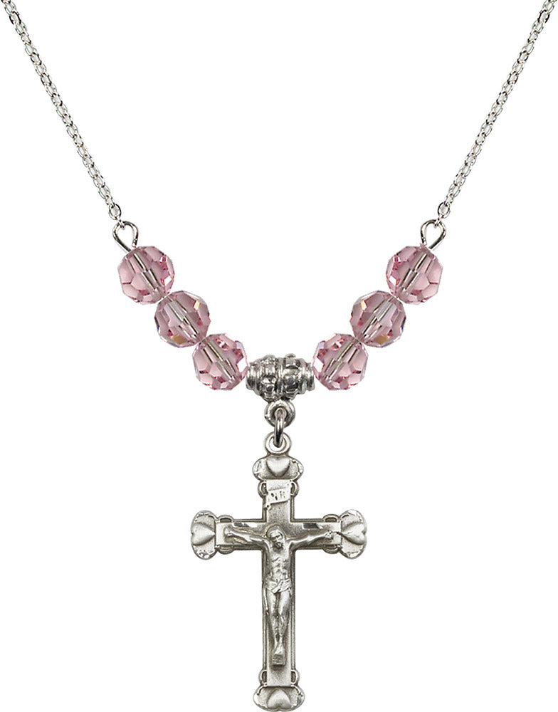 Sterling Silver Crucifix Birthstone Necklace with Light Rose Beads - 0620