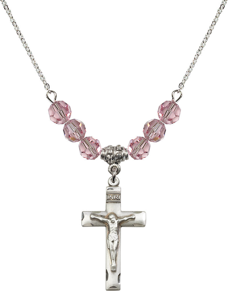 Sterling Silver Crucifix Birthstone Necklace with Light Rose Beads - 0624