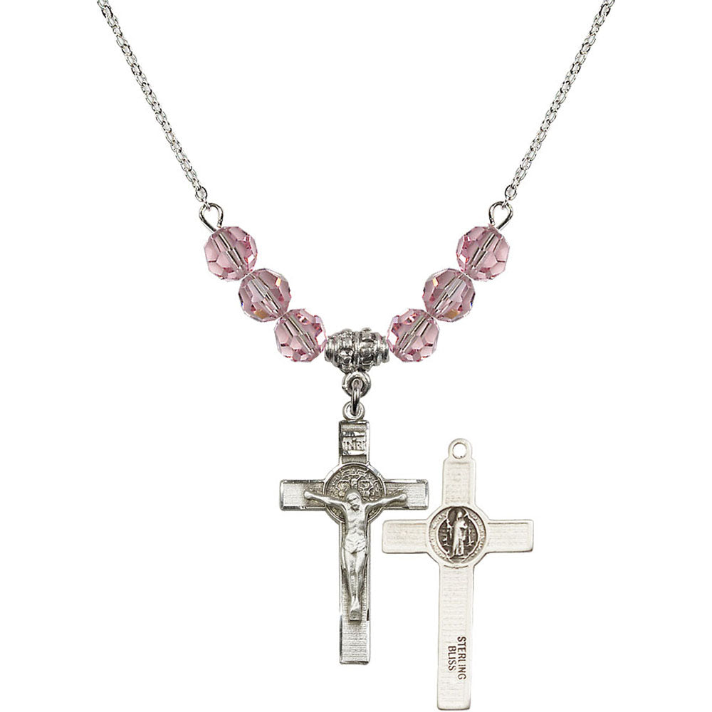 Sterling Silver Saint Benedict Crucifix Birthstone Necklace with Light Rose Beads - 0625