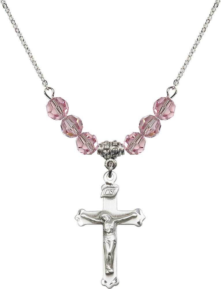 Sterling Silver Crucifix Birthstone Necklace with Light Rose Beads - 0651