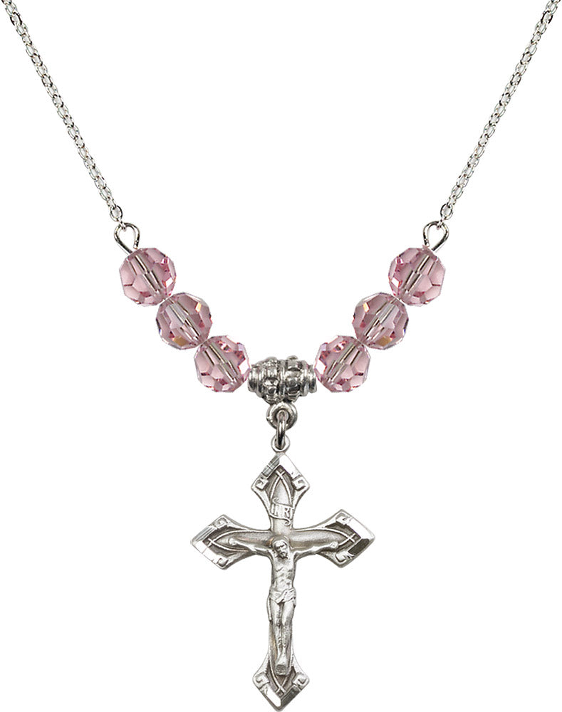 Sterling Silver Crucifix Birthstone Necklace with Light Rose Beads - 0663