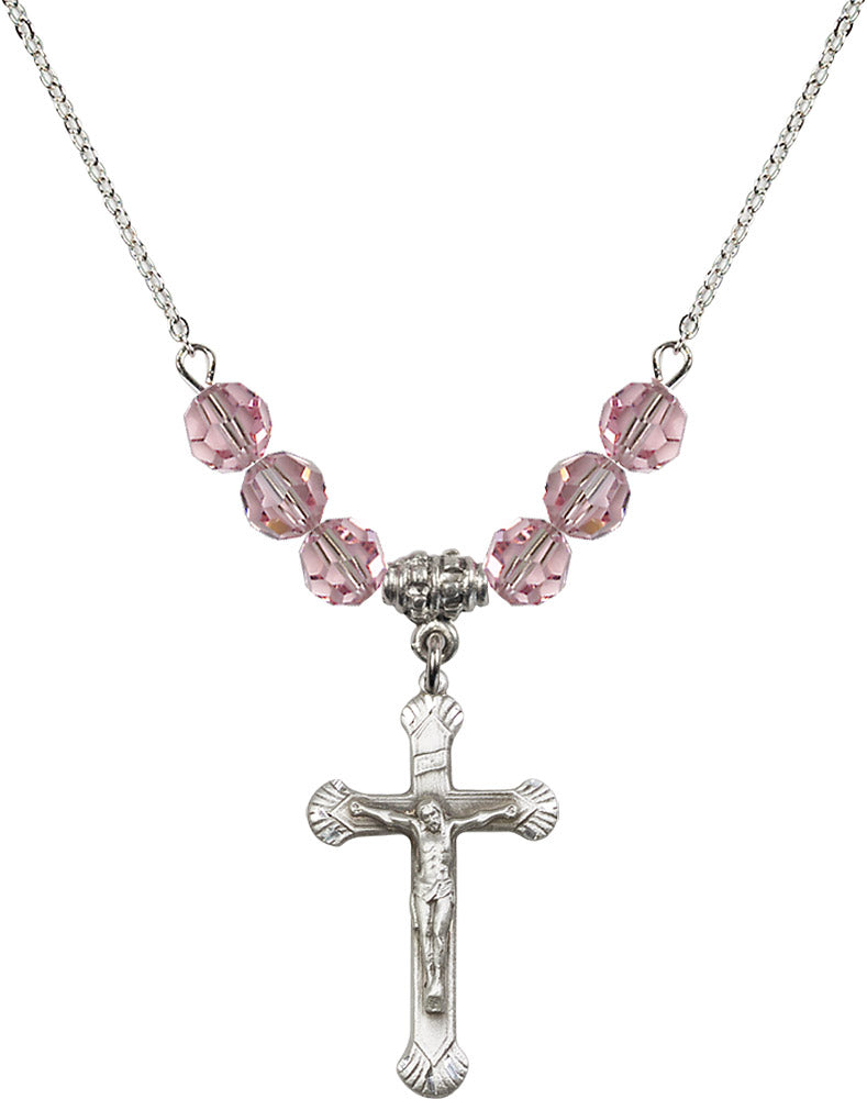 Sterling Silver Crucifix Birthstone Necklace with Light Rose Beads - 0664