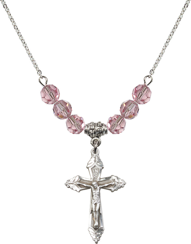 Sterling Silver Crucifix Birthstone Necklace with Light Rose Beads - 0665