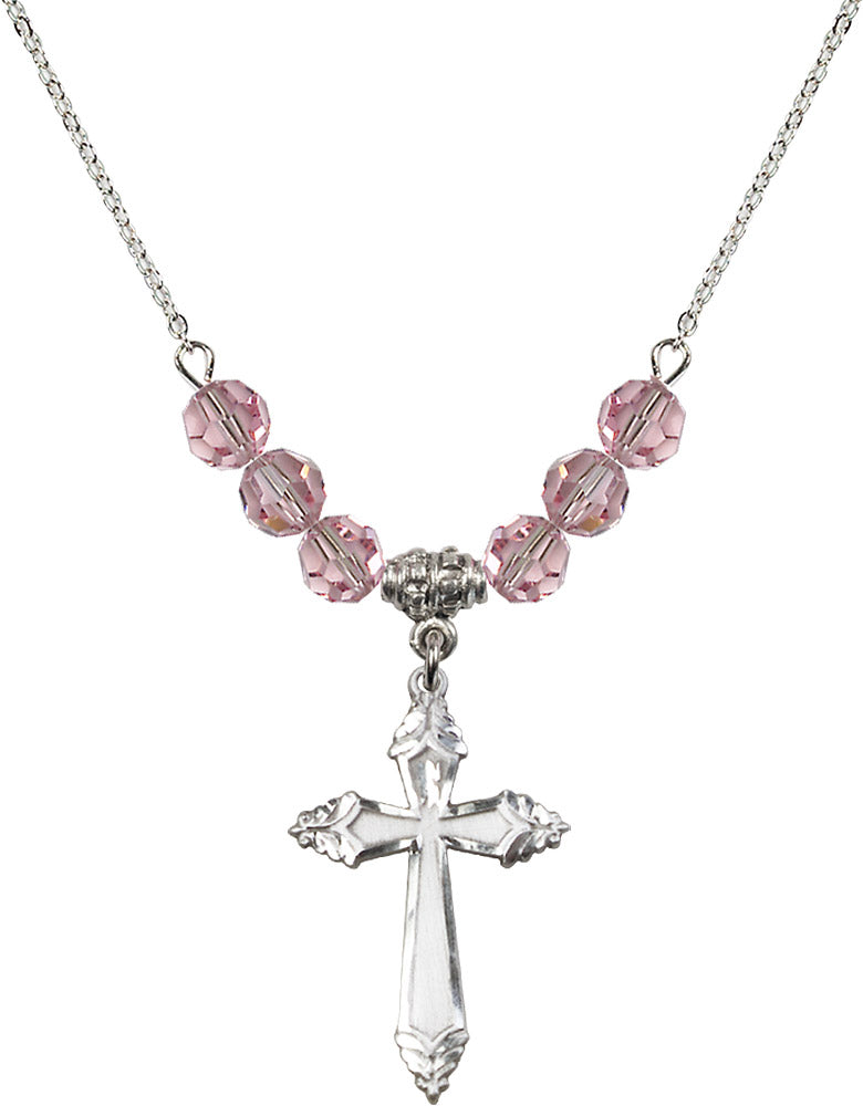 Sterling Silver Cross Birthstone Necklace with Light Rose Beads - 0665