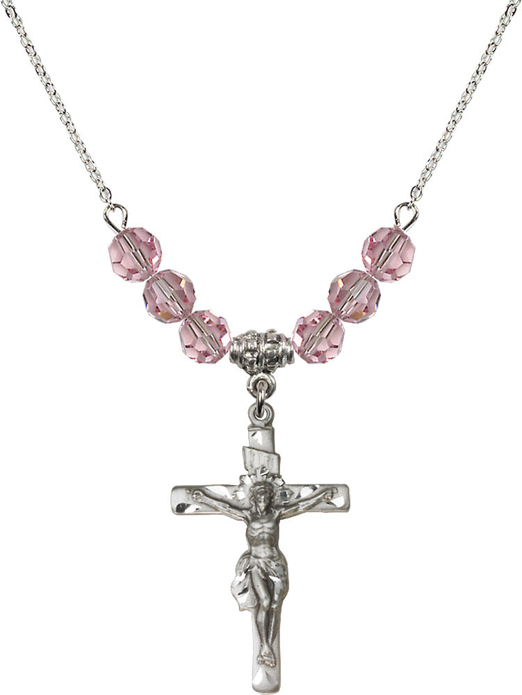 Sterling Silver Crucifix Birthstone Necklace with Light Rose Beads - 0668