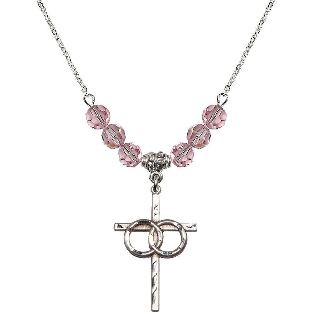 Sterling Silver Wedding Rings Cross Birthstone Necklace with Light Rose Beads - 0671