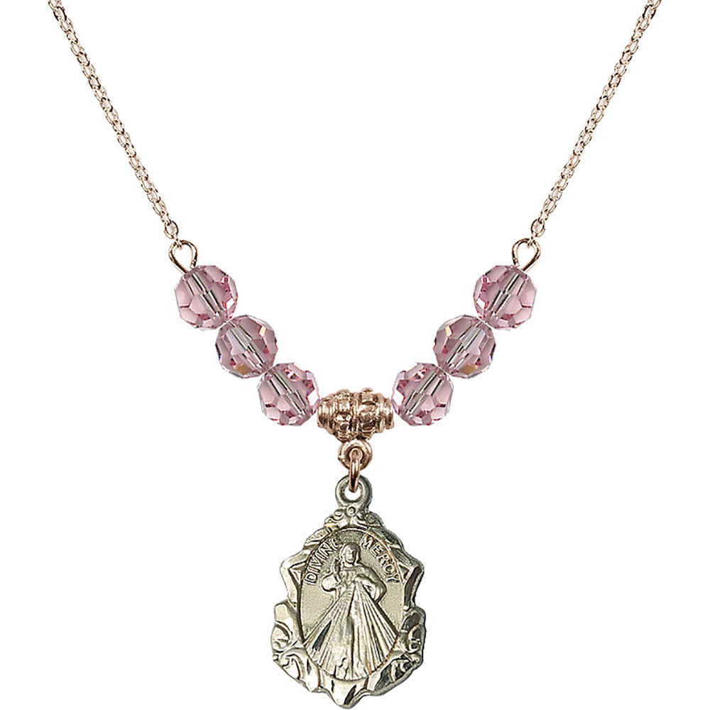 14kt Gold Filled Divine Mercy Birthstone Necklace with Light Rose Beads - 0822