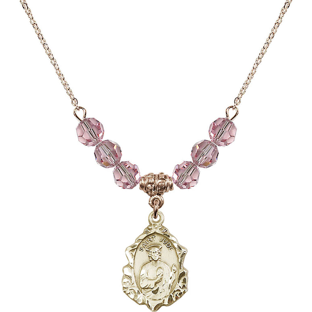 14kt Gold Filled Saint Jude Birthstone Necklace with Light Rose Beads - 0822