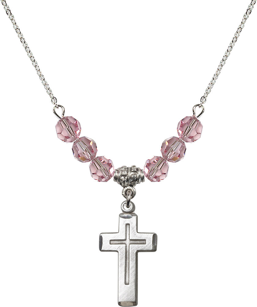 Sterling Silver Cross Birthstone Necklace with Light Rose Beads - 1529