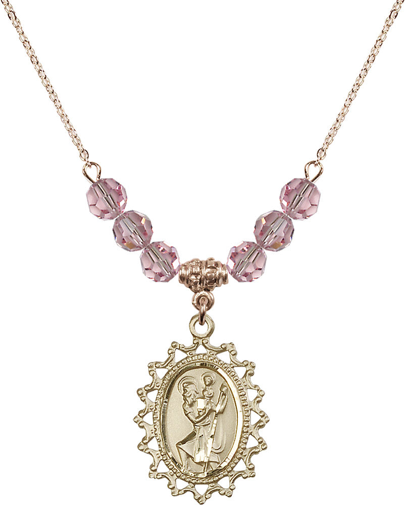 14kt Gold Filled Saint Christopher Birthstone Necklace with Light Rose Beads - 1619