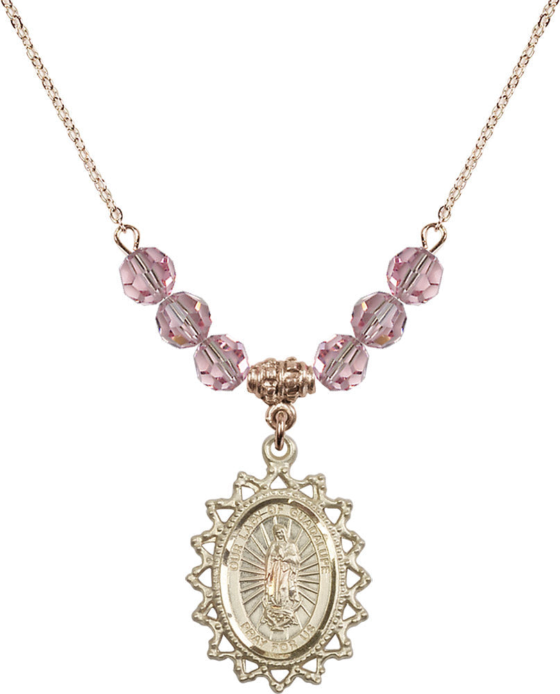 14kt Gold Filled Our Lady of Guadalupe Birthstone Necklace with Light Rose Beads - 1619