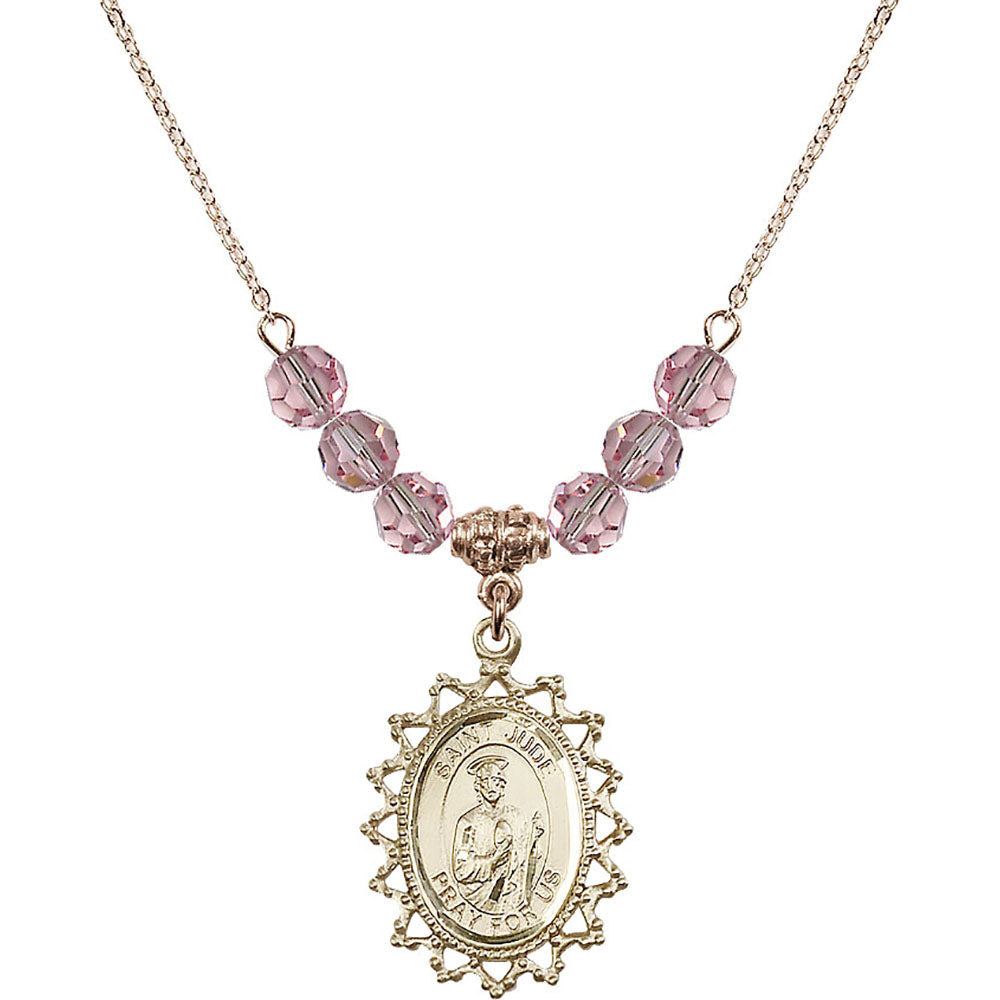 14kt Gold Filled Saint Jude Birthstone Necklace with Light Rose Beads - 1619