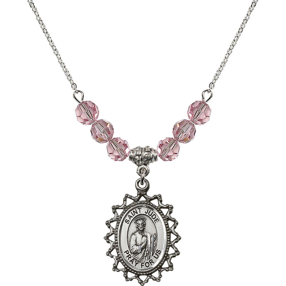 Sterling Silver Saint Jude Birthstone Necklace with Light Rose Beads - 1619