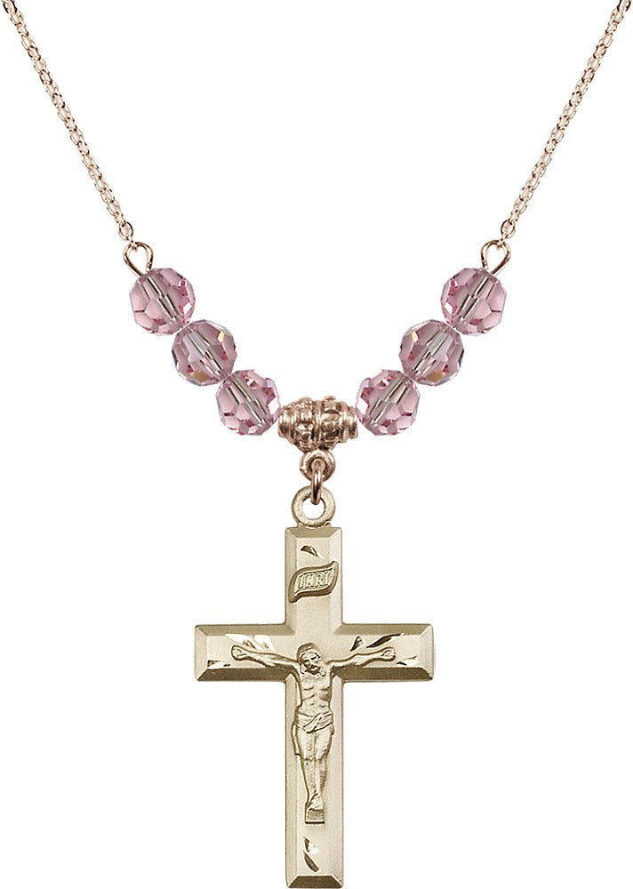 14kt Gold Filled Crucifix Birthstone Necklace with Light Rose Beads - 2186