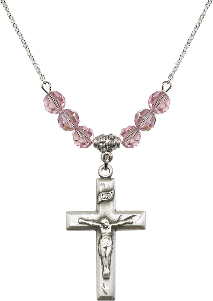 Sterling Silver Crucifix Birthstone Necklace with Light Rose Beads - 2186