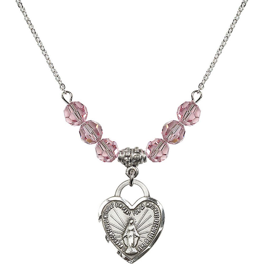 Sterling Silver Miraculous Heart Birthstone Necklace with Light Rose Beads - 3201