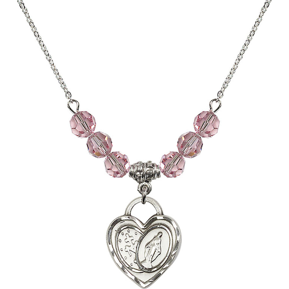 Sterling Silver Miraculous Heart Birthstone Necklace with Light Rose Beads - 3212