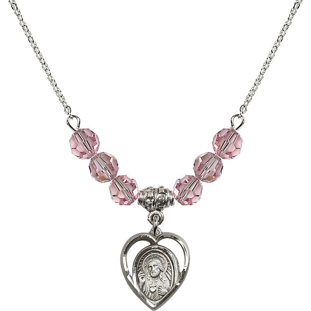 Sterling Silver Scapular Birthstone Necklace with Light Rose Beads - 4126