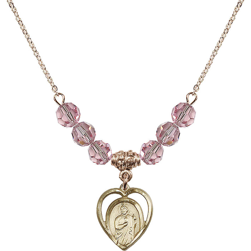 14kt Gold Filled Saint Jude Birthstone Necklace with Light Rose Beads - 4128