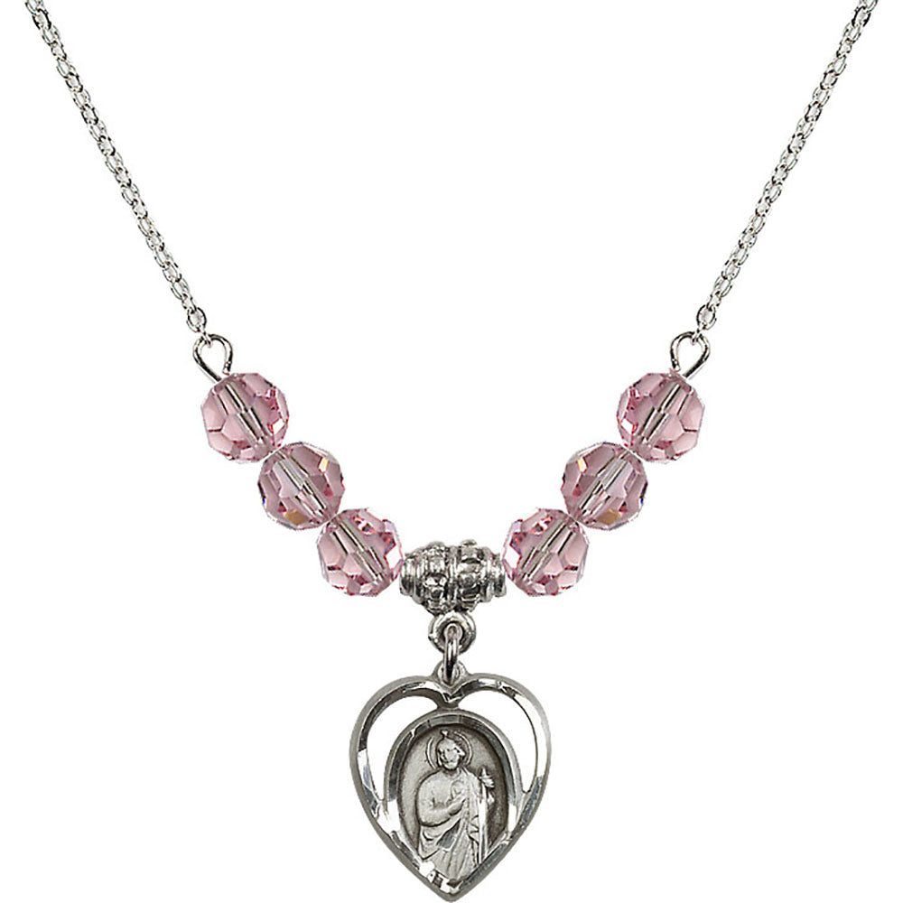 Sterling Silver Saint Jude Birthstone Necklace with Light Rose Beads - 4128