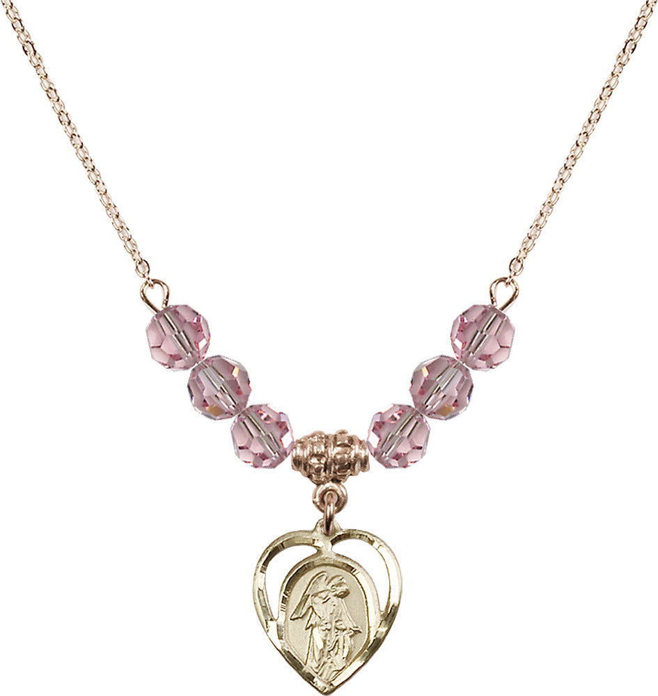 14kt Gold Filled Guardian Angel Birthstone Necklace with Light Rose Beads - 4129