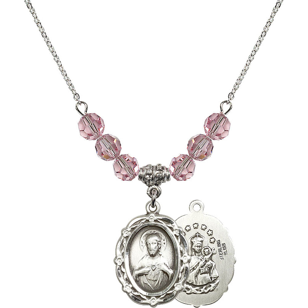 Sterling Silver Scapular Birthstone Necklace with Light Rose Beads - 4146