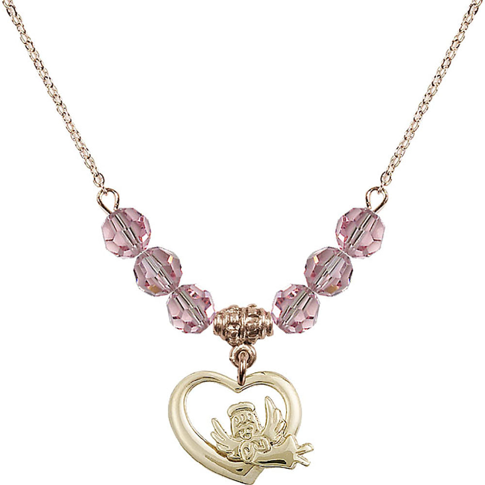 14kt Gold Filled Heart / Guardian Angel Birthstone Necklace with Light Rose Beads - 4206