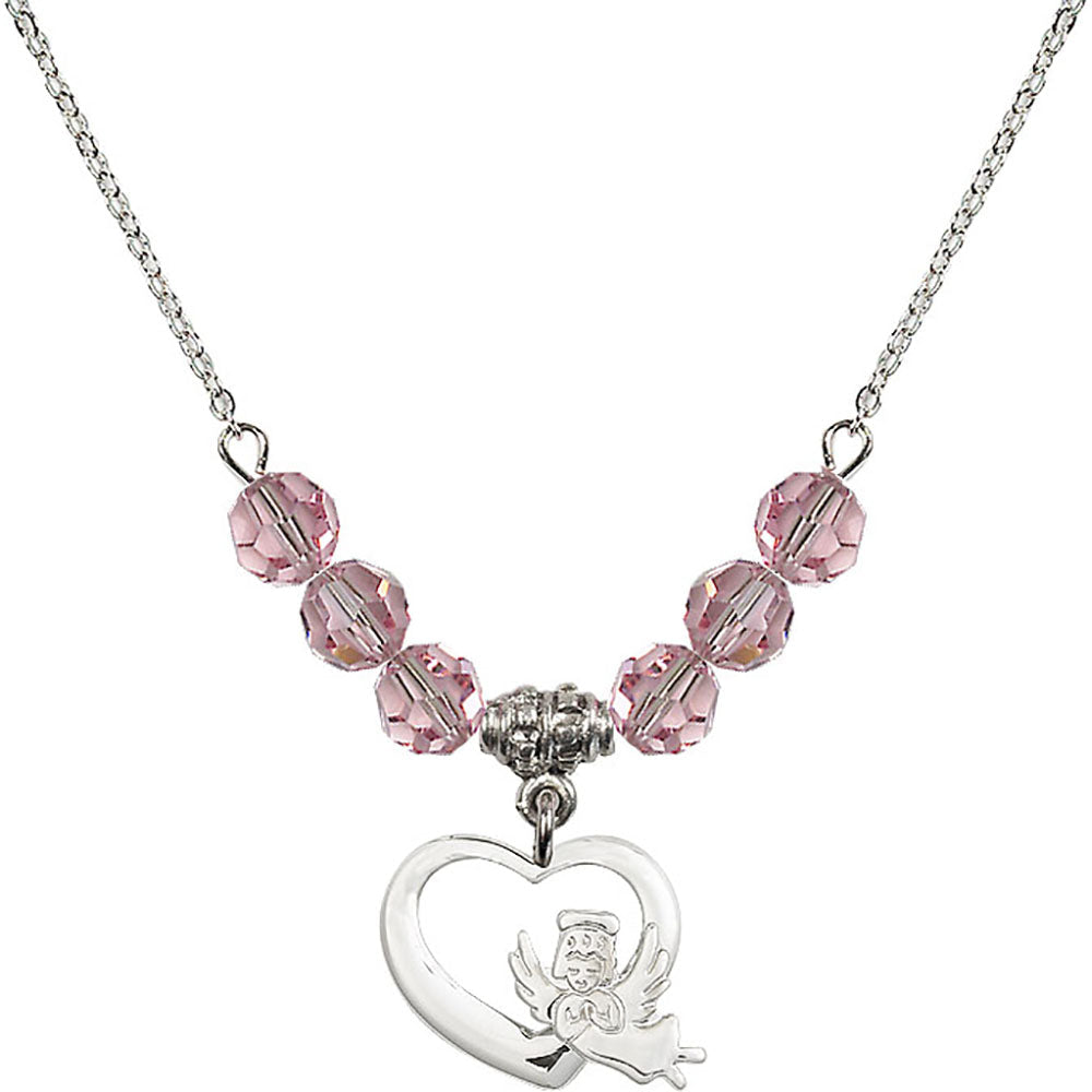 Sterling Silver Heart / Guardian Angel Birthstone Necklace with Light Rose Beads - 4206