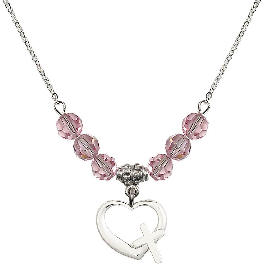 Sterling Silver Heart / Cross Birthstone Necklace with Light Rose Beads - 4207