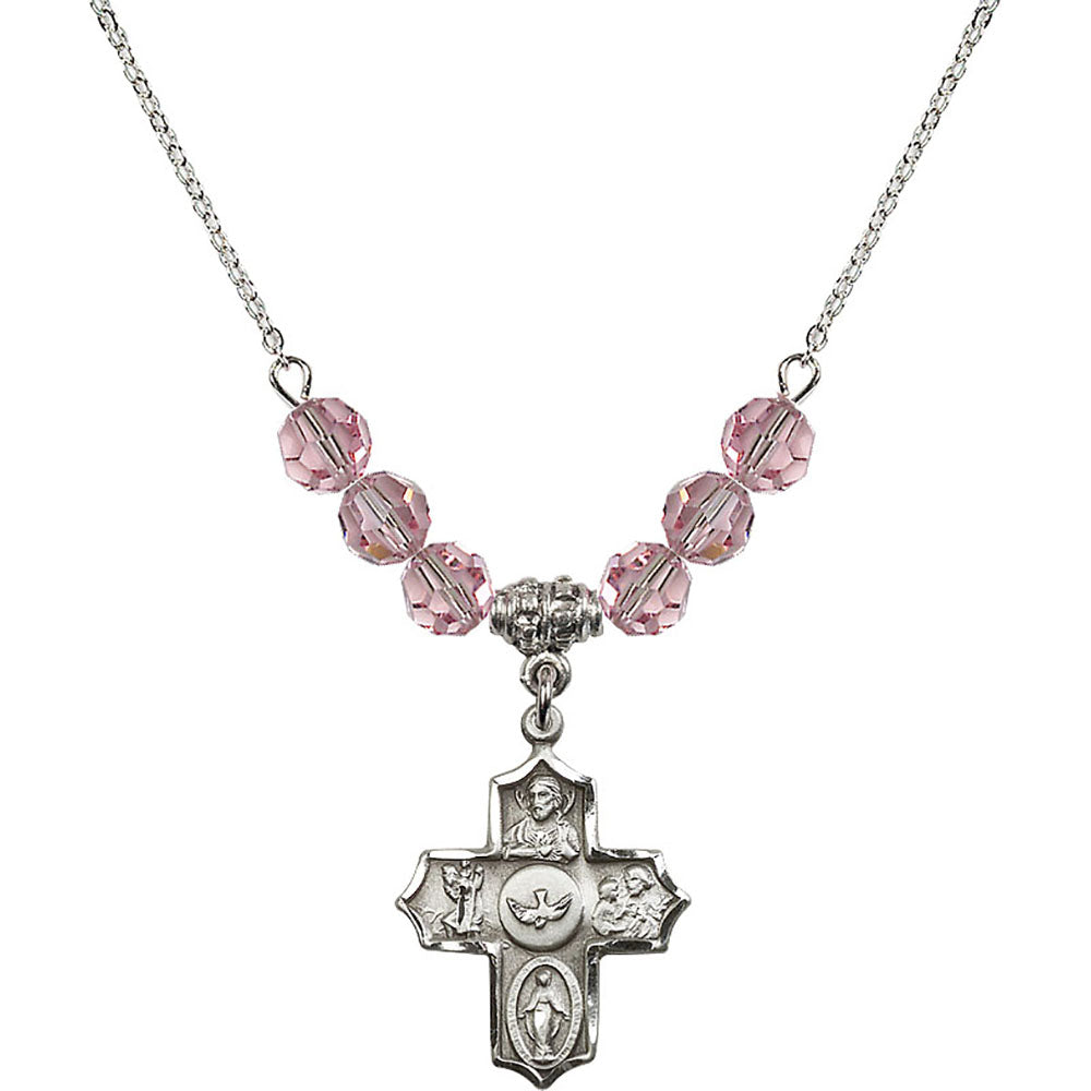 Sterling Silver 5-Way Birthstone Necklace with Light Rose Beads - 4255