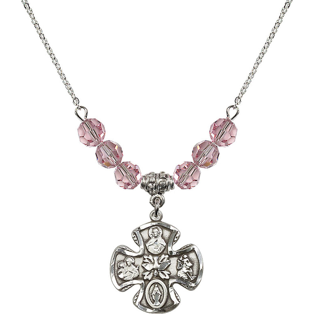 Sterling Silver 5-Way Birthstone Necklace with Light Rose Beads - 5443