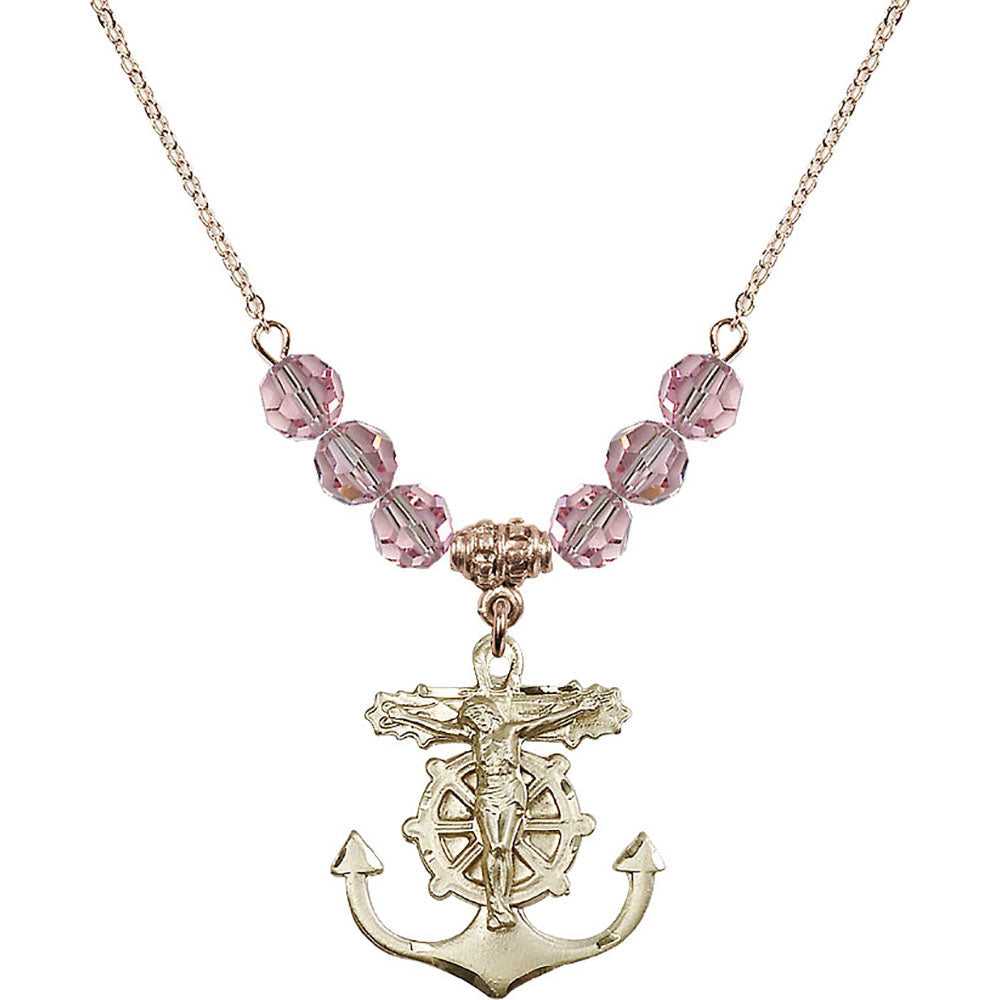 14kt Gold Filled Anchor Crucifix Birthstone Necklace with Light Rose Beads - 5685