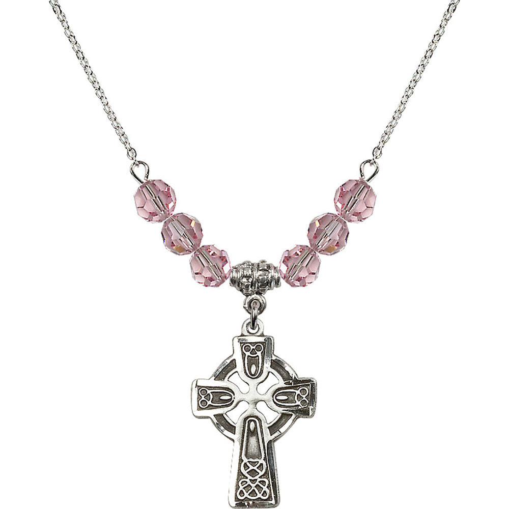 Sterling Silver Celtic Cross Birthstone Necklace with Light Rose Beads - 5689