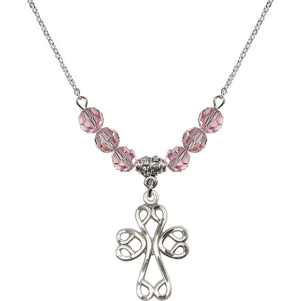 Sterling Silver Scroll Cross Birthstone Necklace with Light Rose Beads - 5998