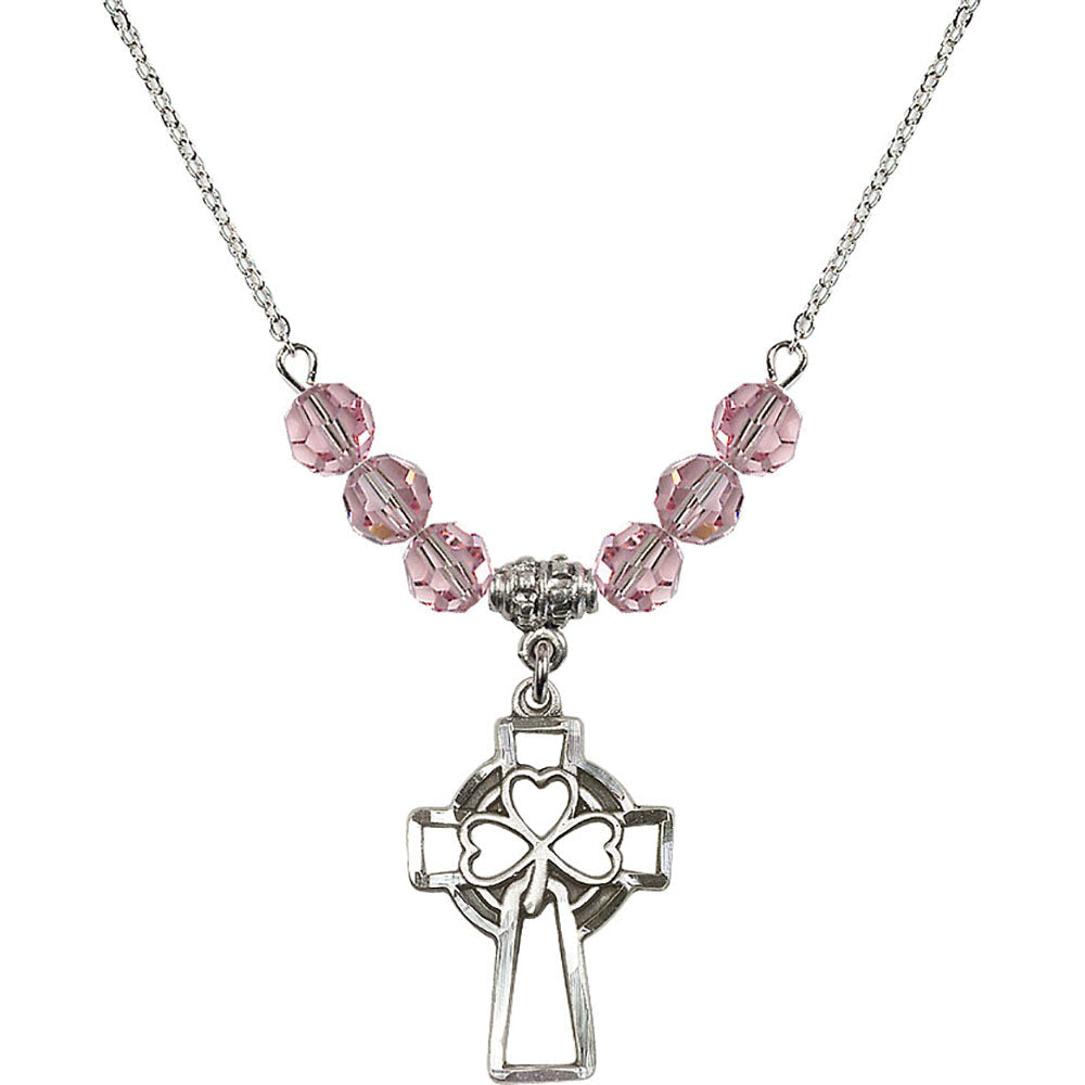 Sterling Silver Shamrock Cross Birthstone Necklace with Light Rose Beads - 5999
