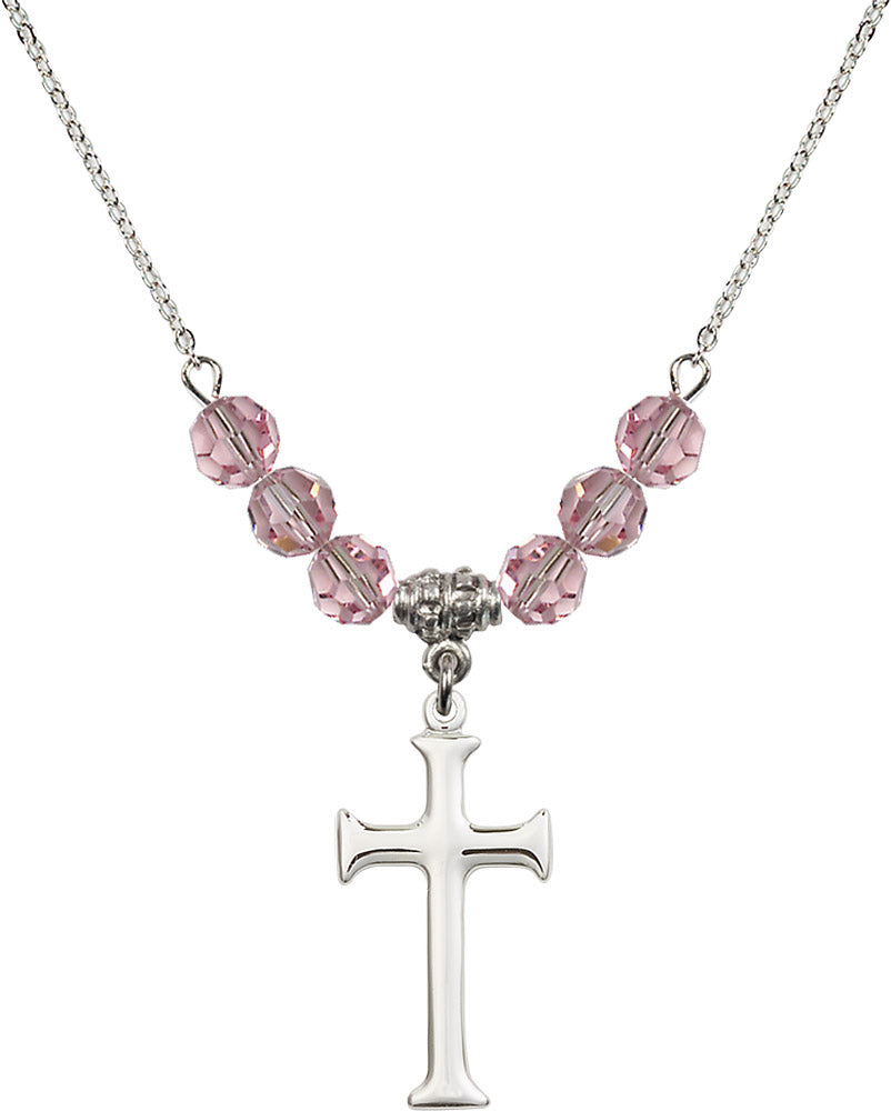 Sterling Silver Cross Birthstone Necklace with Light Rose Beads - 6008