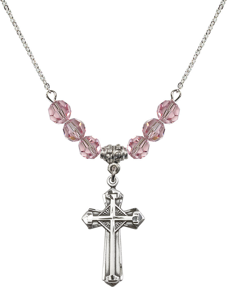 Sterling Silver Cross Birthstone Necklace with Light Rose Beads - 6012