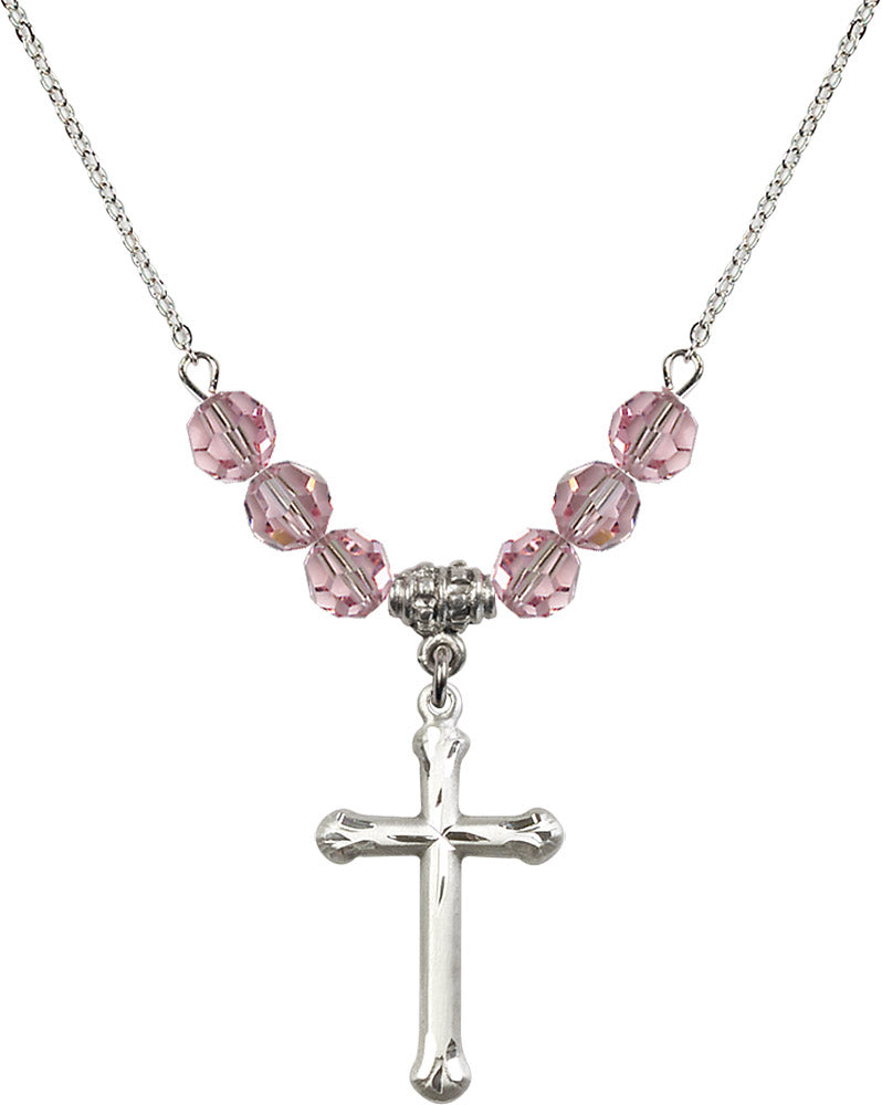 Sterling Silver Cross Birthstone Necklace with Light Rose Beads - 6022