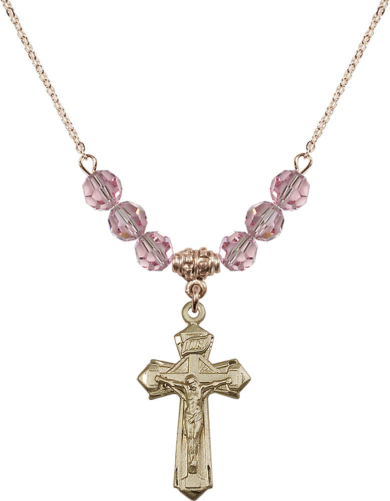 14kt Gold Filled Crucifix Birthstone Necklace with Light Rose Beads - 6092