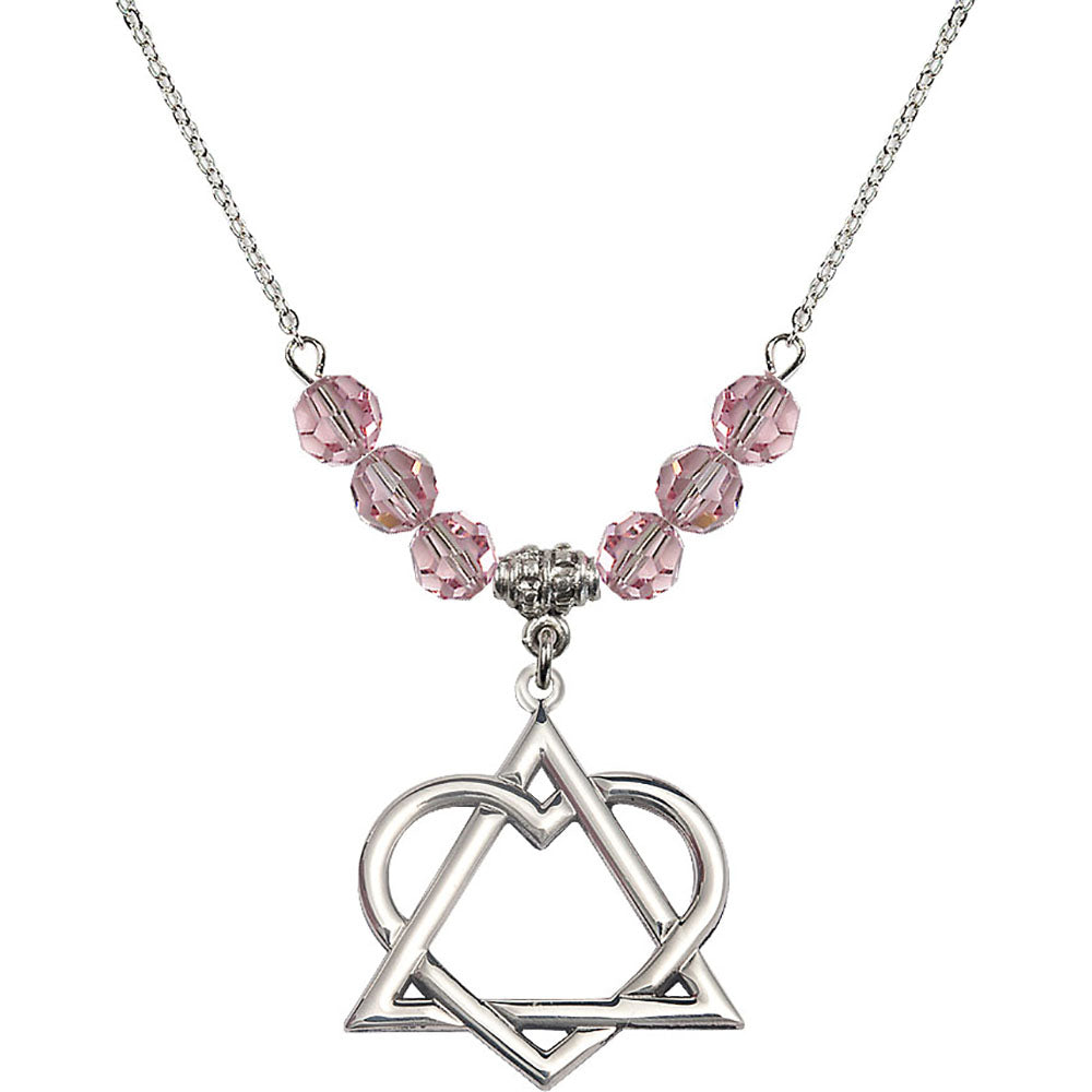 Sterling Silver Adoption Heart Birthstone Necklace with Light Rose Beads - 6210