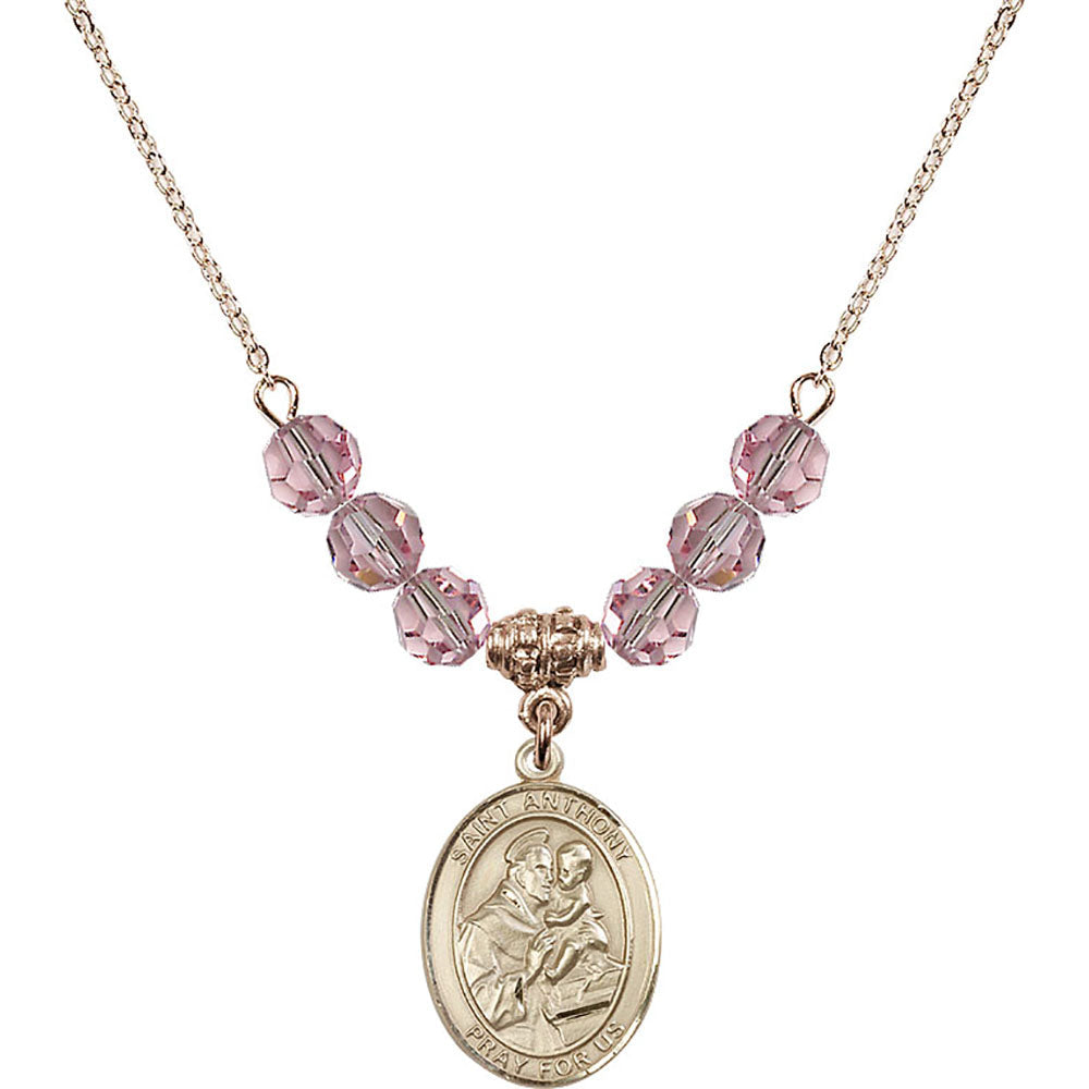 14kt Gold Filled Saint Anthony of Padua Birthstone Necklace with Light Rose Beads - 8004