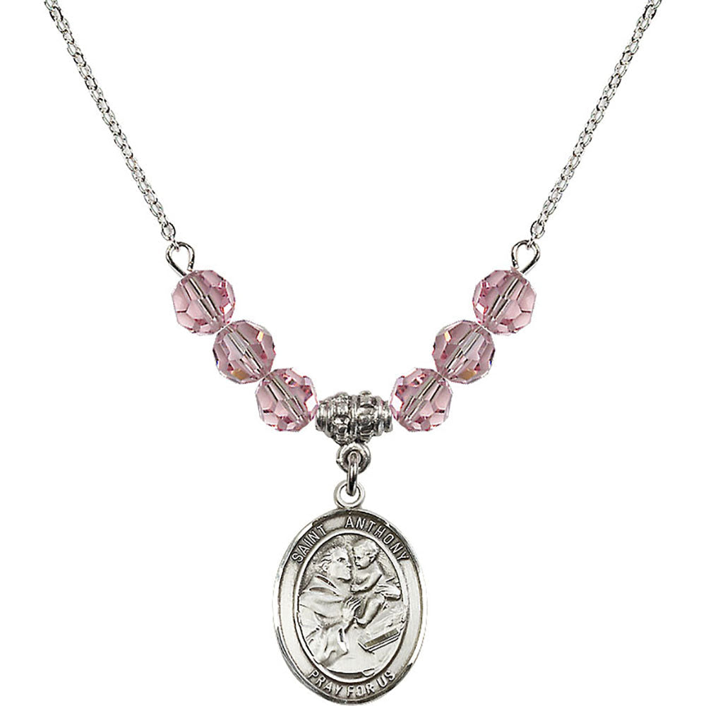 Sterling Silver Saint Anthony of Padua Birthstone Necklace with Light Rose Beads - 8004