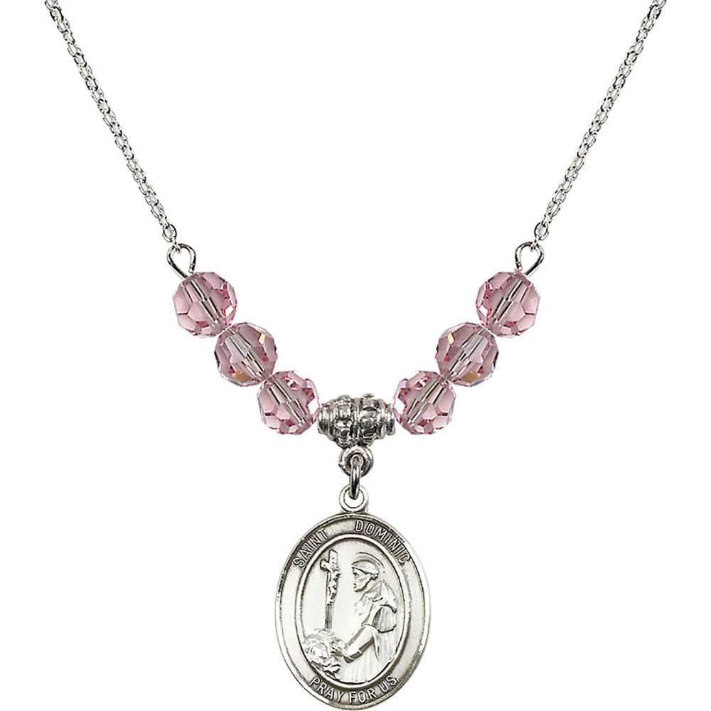 Sterling Silver Saint Dominic de Guzman Birthstone Necklace with Light Rose Beads - 8030