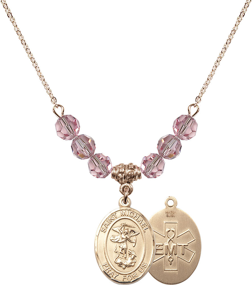 14kt Gold Filled Saint Michael / EMT Birthstone Necklace with Light Rose Beads - 8076