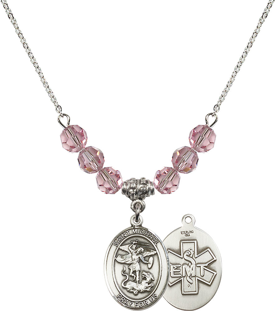 Sterling Silver Saint Michael / EMT Birthstone Necklace with Light Rose Beads - 8076