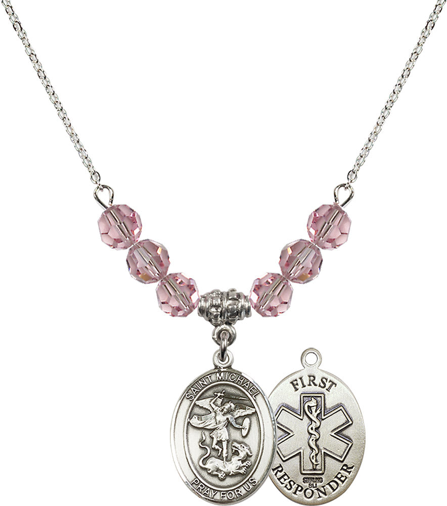 Sterling Silver Saint Michael/1St Responder Birthstone Necklace with Light Rose Beads - 8076