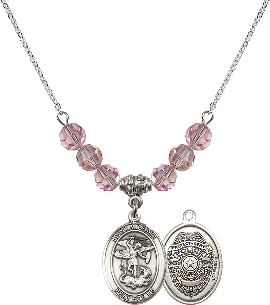 Sterling Silver Saint Michael / Policeman Birthstone Necklace with Light Rose Beads - 8076
