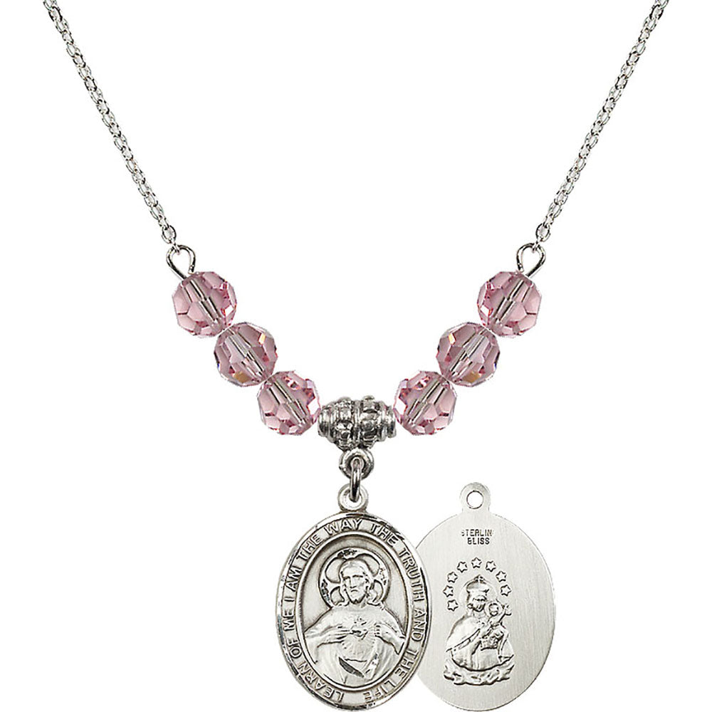 Sterling Silver Scapular Birthstone Necklace with Light Rose Beads - 8098