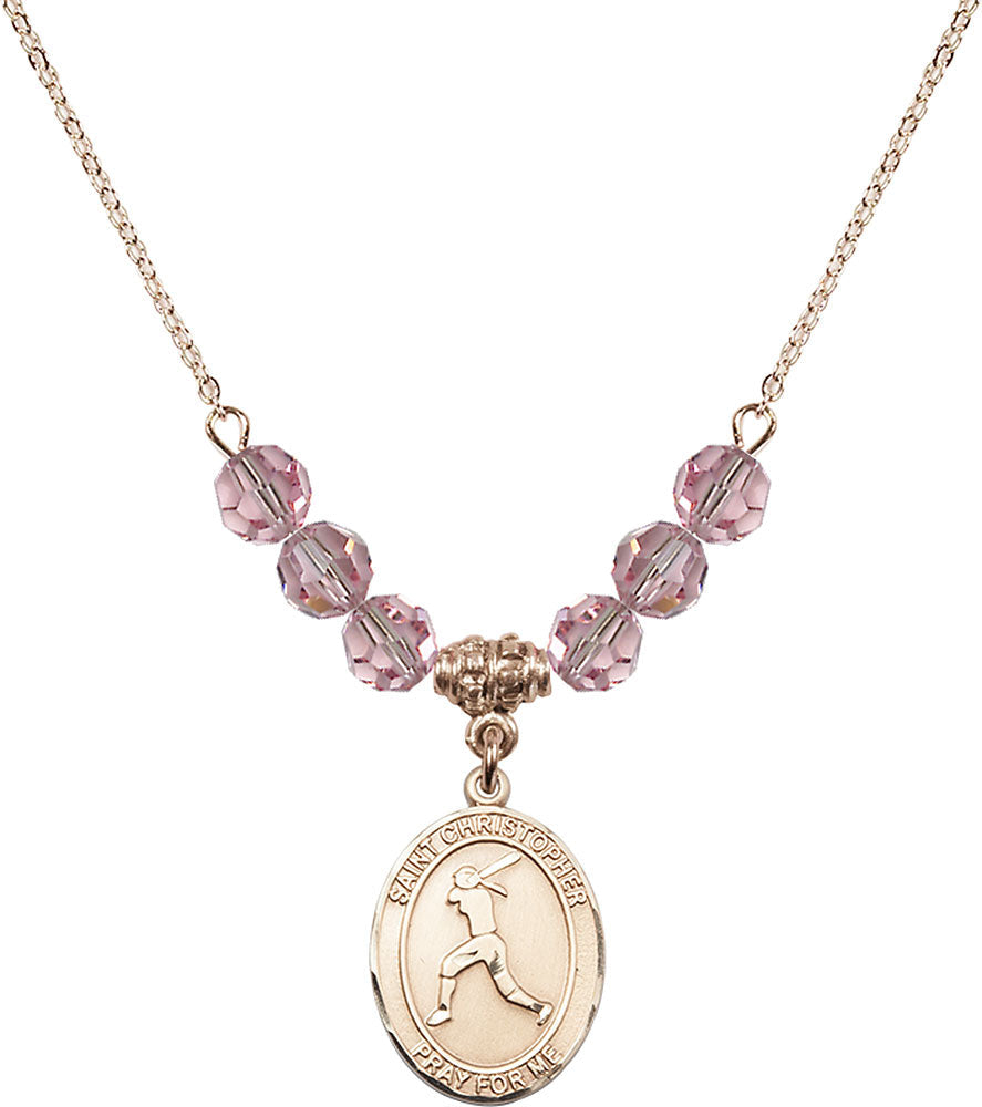 14kt Gold Filled Saint Christopher/Softball Birthstone Necklace with Light Rose Beads - 8145