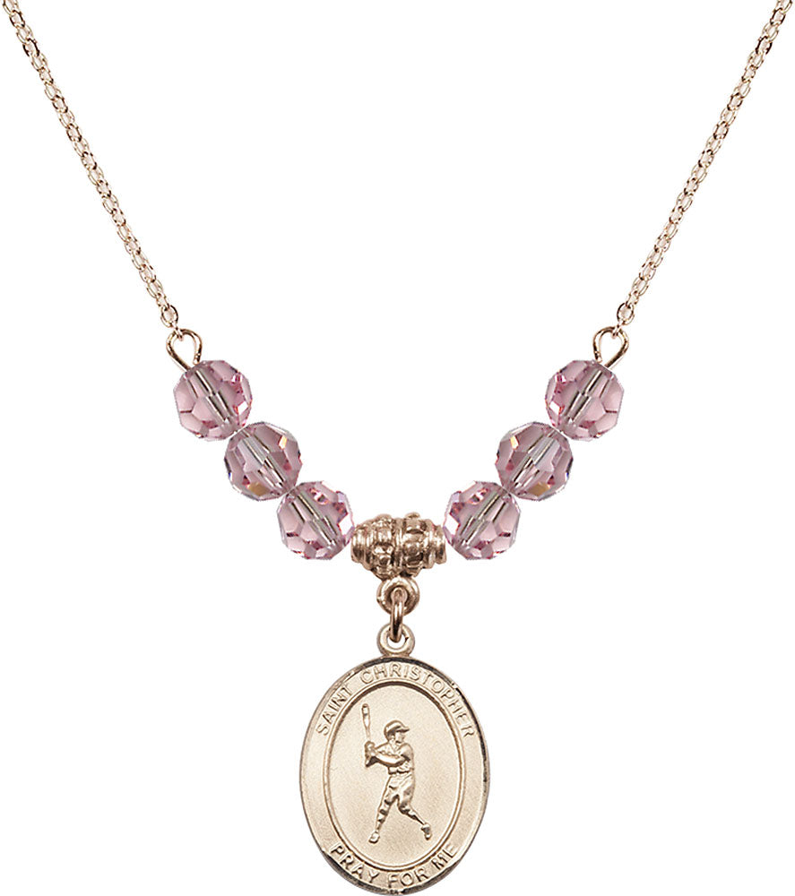 14kt Gold Filled Saint Christopher/Baseball Birthstone Necklace with Light Rose Beads - 8150